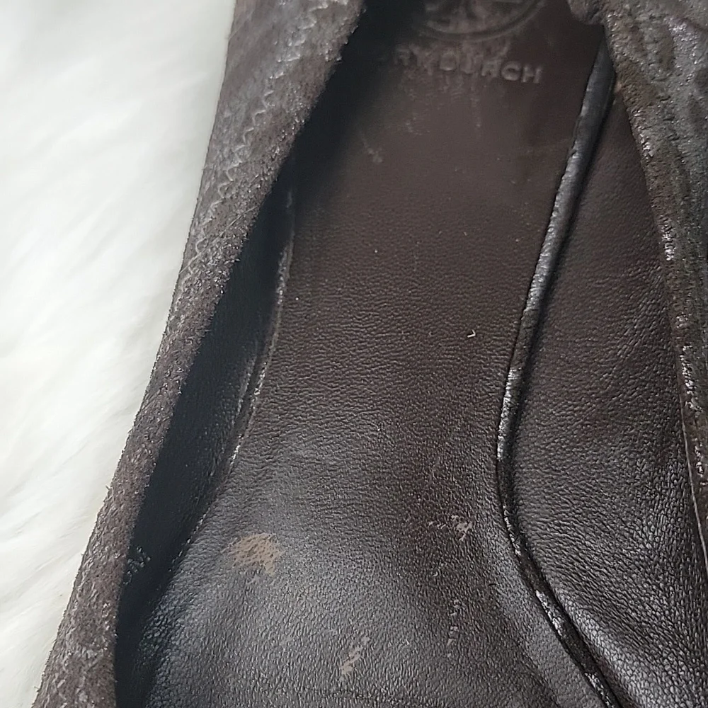 TORY BURCH Leopard Animal Print Metallic Silver Brown Medallion Logo Ballet Flat